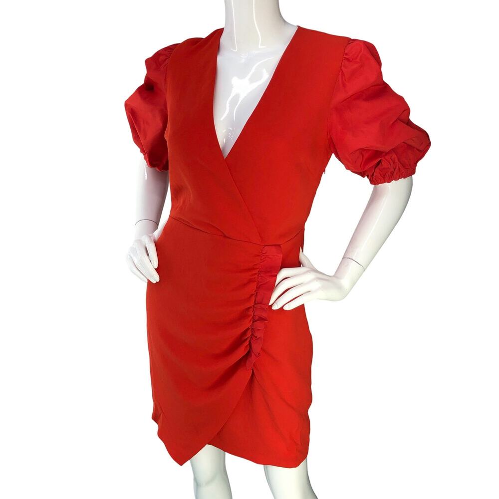 Pinko Dress Womens 6 Red Puff Sleeve Ruched Wrap V Neck Cocktail Mini Party